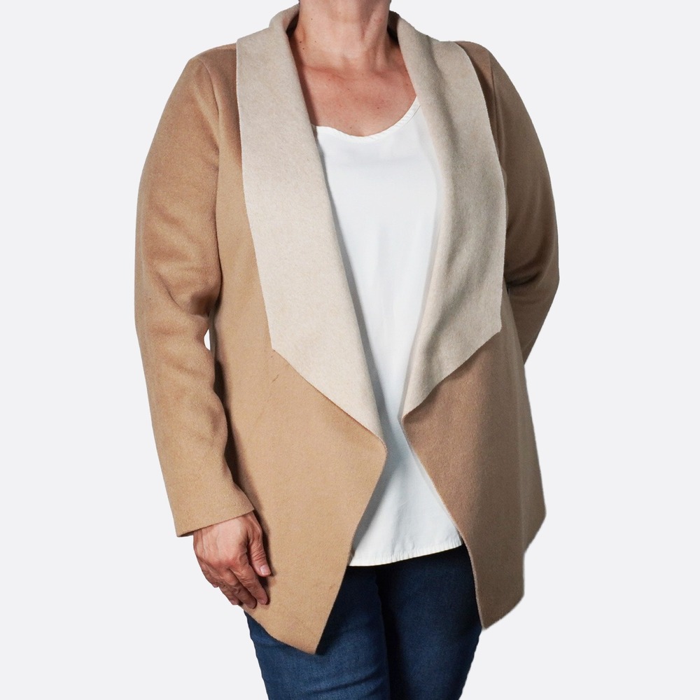 Minimalist Draped Shawl Collar Taupe Open Front Cardigan Sweater L NWT